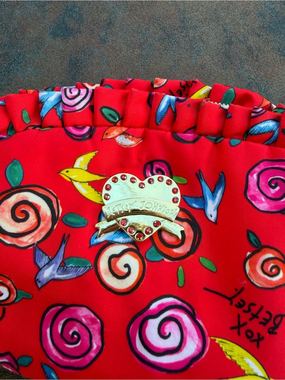 Betsey Johnson Red Cosmetics Pouch With Heart Gem Zipper